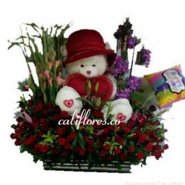Jardinera rosas rojas ,gladiolos ,peluche y globo