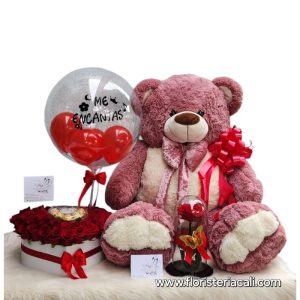 Corazón de rosas rojas con chocolates Ferrero, rosa inmortal y peluche gigante.